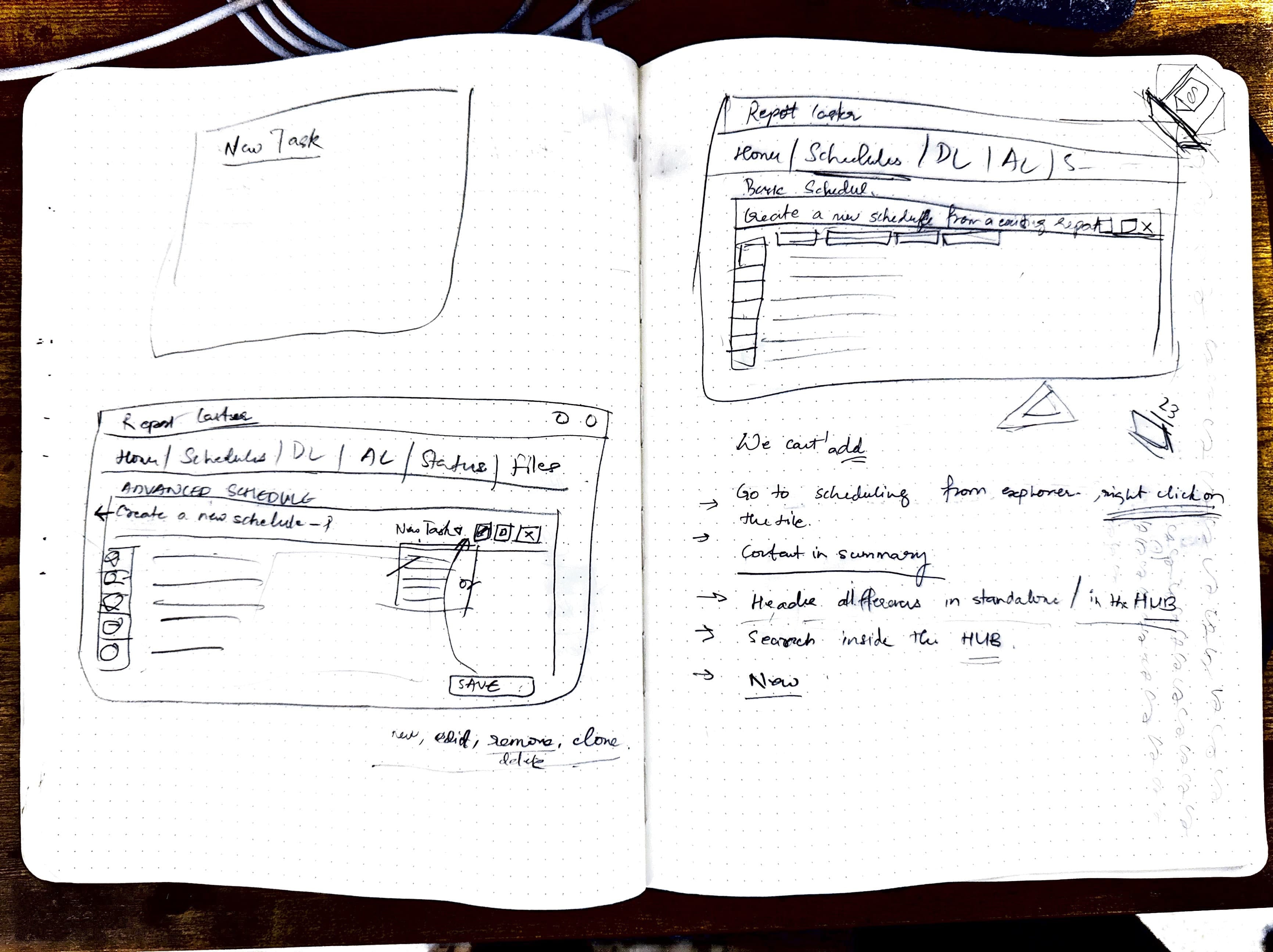 Sketchbook wireframes of the ReportCaster schedule dialog, standalone versus in the hub