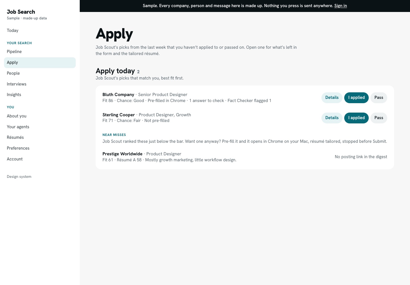 Apply: Job Scout's picks with fit and chance, 'Pre-filled in Chrome', 'Fact Checker flagged 1', and I applied or Pass