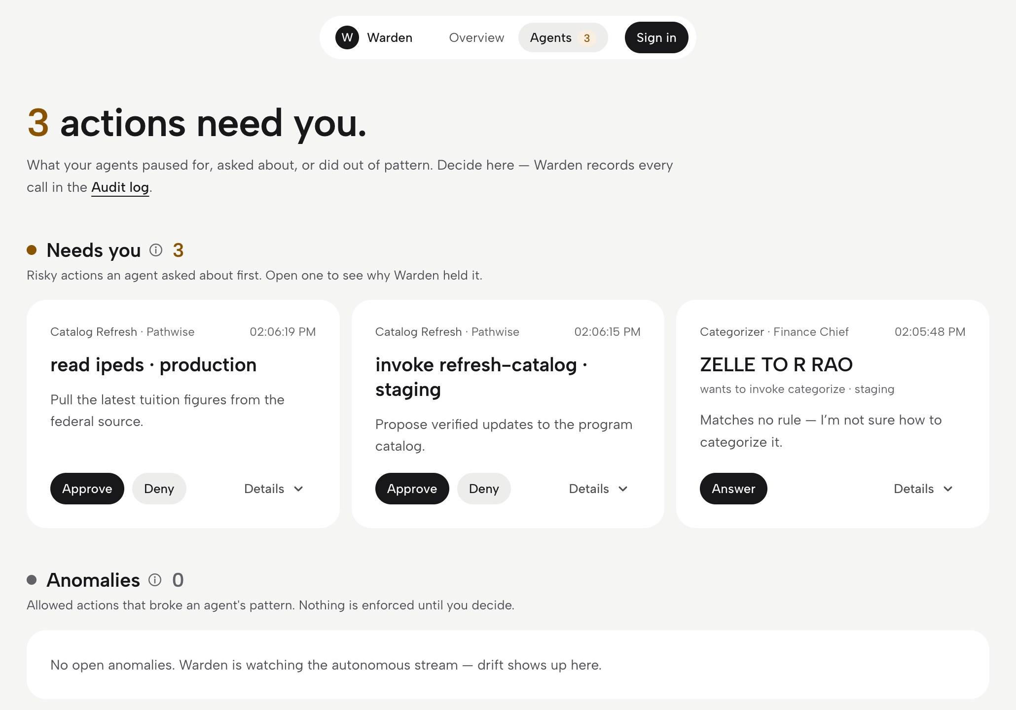 Warden's Agents page: '3 actions need you', with held actions grouped under Needs you